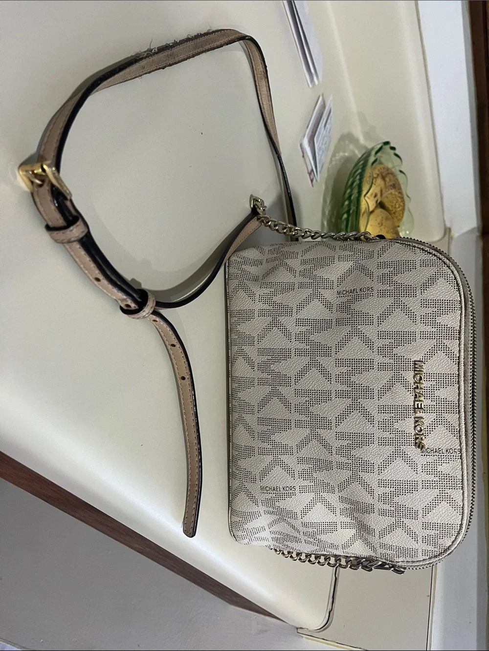 Michael Kors Cream Logo Chain-Trim Crossbody Bag